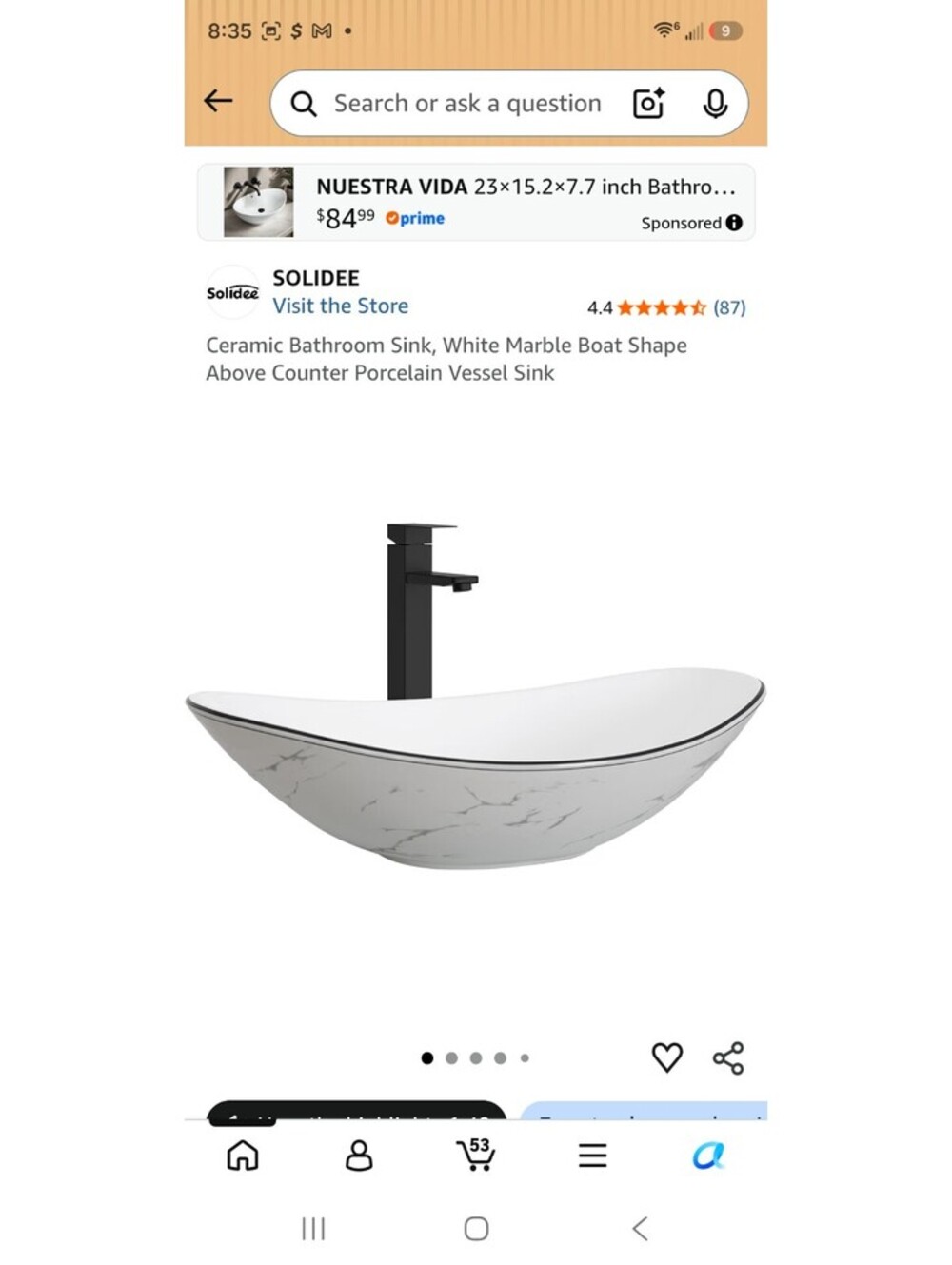 SOLIDEE Marble Boat Ceramic Bathroom Sink - Above Counter Porcelain Vessel Sink